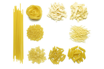Collection of italian pasta isolated top view on white background.