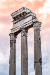 Temple of Castor and Pollux, Italian: Tempio dei Dioscuri. Ancient ruins of Roman Forum, Rome, Italy. Detailed view