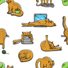Seamless background with drawing red cat in different situations. Cartoon vector pattern with pet in different poses.