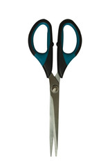 Blue-black office scissors isolated on white background.