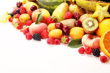 Naklejka na ściany i meble Fresh summer fruits with apple, peach, papaya, berries, pear and apricot.