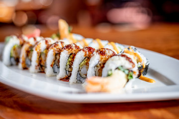 Sushi Rolls Up-Close on a White Plate