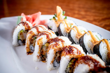 Sushi Rolls Up-Close on a White Plate