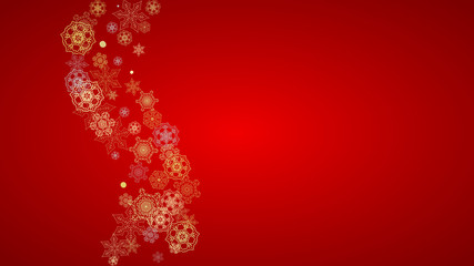 Christmas snow on red background. Glitter frame for winter banners, gift coupon, voucher, ads, party event. Santa Claus colors with golden Christmas snow. Horizontal falling snowflakes for holiday