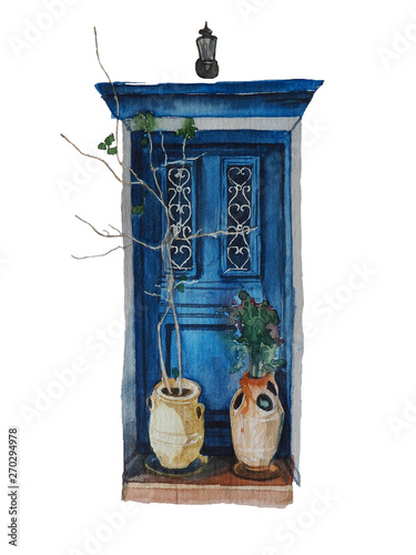 Watercolor Painting With Old Blue Door Isolated On The White