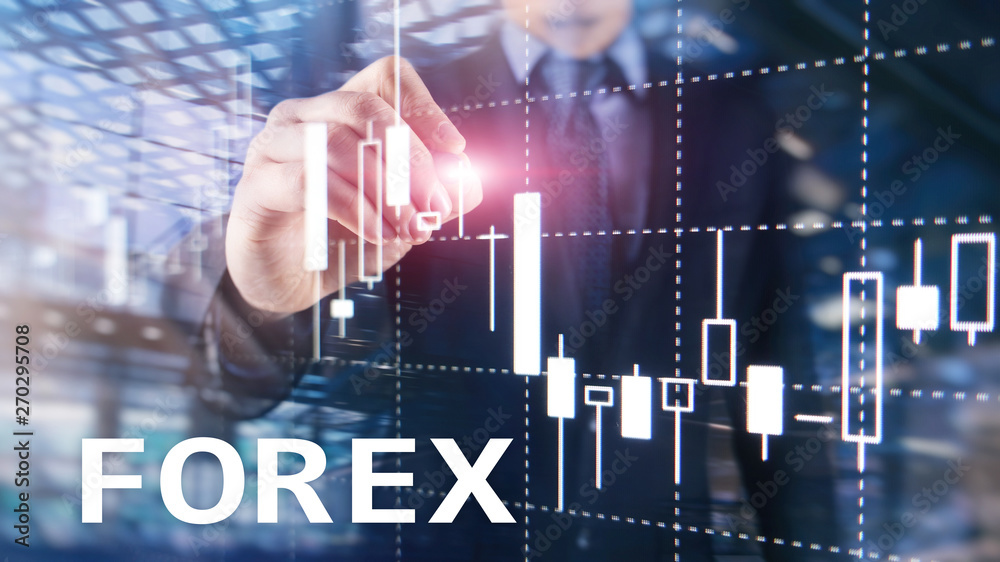 Wall mural forex trading, financial candle chart and graphs on blurred business center background.