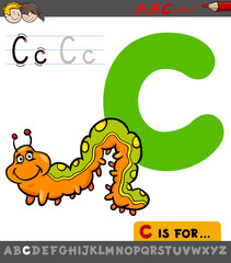 letter C worksheet with cartoon caterpillar