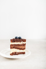 Belgian Chocolate Layered Gateau. Layers of moist choco sponge, vanilla cream and indulgent dark chocolate mousse glazed with rich dark chocolate sauce and hand decorated with fresh blueberries