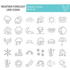 Weather forecast thin line icon set, climate symbols collection, vector sketches, logo illustrations, meteorology signs linear pictograms package isolated on white background.