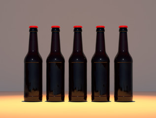 Set of five dark amber long neck bottles 12 oz. 355 ml with red caps.