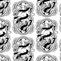 Vector pattern with hand drawn illustration of bird with snake.