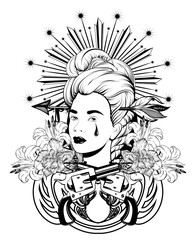 Vector hand drawn illustration of pretty woman with birds, flowers and guns isolated.
