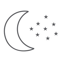 Moon and stars thin line icon, night and forecast, night sky sign, vector graphics, a linear pattern on a white background.