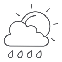 Sun and rain thin line icon, weather and forecast, cloud and sun sign, vector graphics, a linear pattern on a white background.