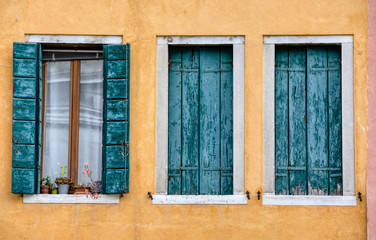 Fototapeta na wymiar Three Green Windows of Venice