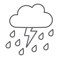 Thunderstorm with rain thin line icon, weather and forecast, thunder sign, vector graphics, a linear pattern on a white background.