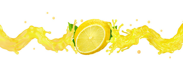 Fresh ripe lemon fruit slice and lemon juice or lemonade splash swirl. Juice splashing, lemon juice label. Liquid healthy detox drink tropical citrus fruit design element. 3D render - obrazy, fototapety, plakaty