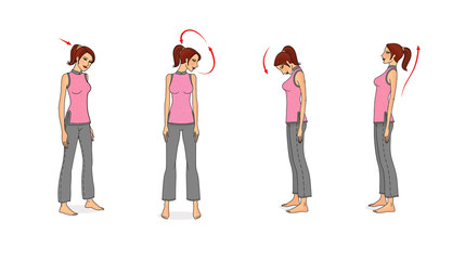 Obraz premium Girl barefoot trains mobility and flexibility of the body and joints. Inclination and rotation of the head. Chinese gymnastics. Isolated on white background