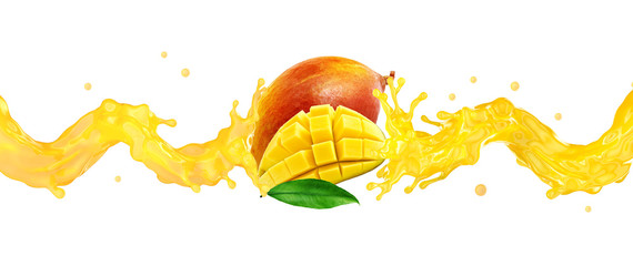 Fresh ripe mango, slice and mango juice splash waves. Healthy food or tropical fruit drink liquid ad label design. Tasty mango smoothie splash isolated, healthy diet concept. 3D render