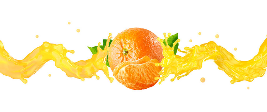 Fresh ripe mandarin, tangerine, clementine and juice splash wave. Tasty juice splashing, mandarin juice isolated. Liquid drink tropical citrus fruit label or banner design.3D render