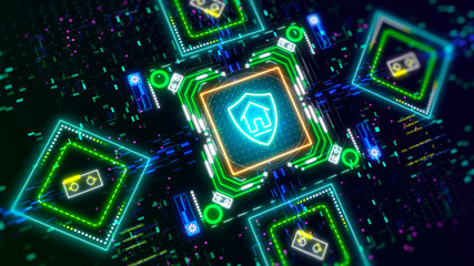 Fototapeta premium Security and protection. Shield and home symbol on glitch cyber background.