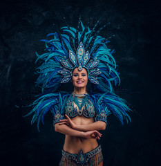 Beautiful dancer is standing crosses her hands. She is wearing blue feather costume.