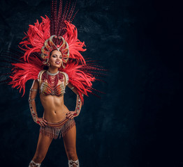 Happy beautiful brasil dancer in red feather costume is dancing on small scene. - obrazy, fototapety, plakaty