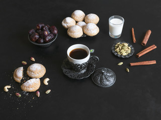 Obraz na płótnie Canvas Ramadan sweets background. Cookies of El Fitr Islamic Feast. Egyptian cookies 