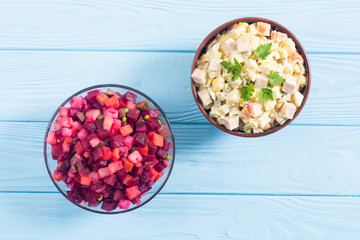 Traditional Russian salad olivier andvinaigrette