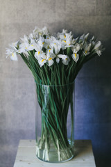 A bouquet of large white irises close up