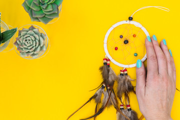 An Indian dreamcatcher with feathers lies in a woman's hand among cacti and succulents on a color bright yellow background.