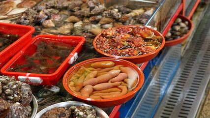 Fresh raw seafood in Jagalchi fish market in Busan in South Korea