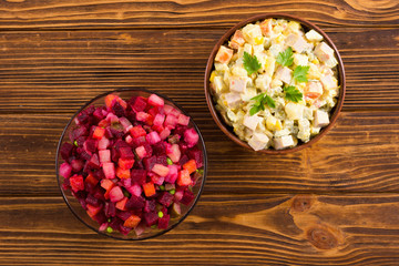 Traditional Russian salad olivier andvinaigrette
