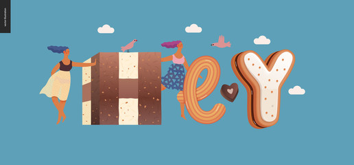 Dessert lettering - Hey - modern flat vector concept digital illustration of temptation font, sweet lettering and girls. Caramel, toffee, biscuit, waffle, cookie, cream and chocolate letters