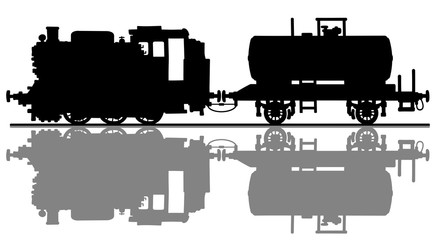 The hand drawing of a black silhouette of the vintage steam locomotive and a tank wagon © vostal