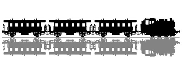 The hand drawing of a black silhouette of a vintage passenger steam train