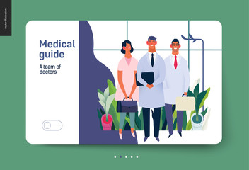 Medical insurance -medical guide -modern flat vector concept digital illustration - medical specialists standing together, team of doctos concept, medical office or laboratory