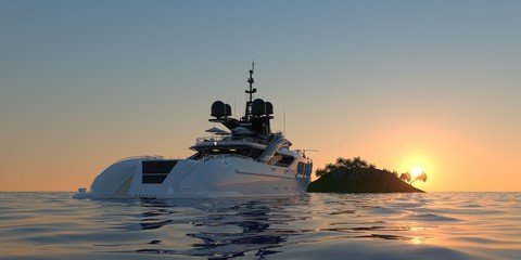 Fototapeta na wymiar Extremely detailed and realistic high resolution 3D image of a Super Yacht approaching a tropical Island with palms - Illustration