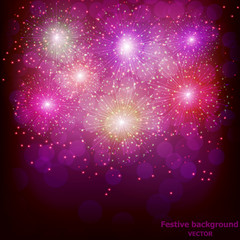 Bright firework for holidays. Sparkling in dark sky. Fireworks for festive events, new year, Christmas, 4th July. Vector illustration.