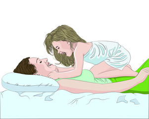 Mom is lying on the bed and holding her daughter, both are happy