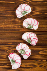 Healthy vegetable toasts sandwith with radish and dill