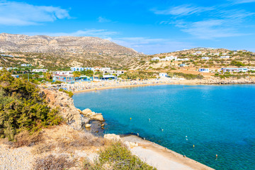 View of sea bay with beautiful beach on Karpathos island in Ammopi village, Greece