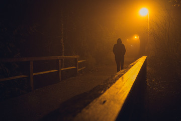 person walking through the park at night
