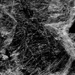 Transparent plastic wrap on the black background. Plastic bag texture. Reusable trash and waste.