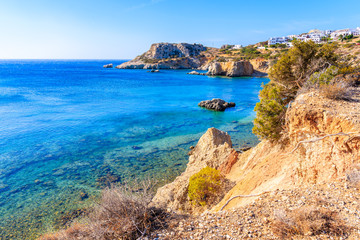 View of beautiful sea coast with rocks at Ammopi beach, Karpathos island, Greece