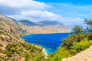 Fototapeta na wymiar Green pine trees on high cliffs above sea on Karpathos island, Greece