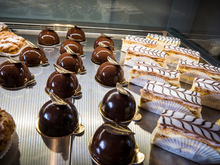 Scrumptious cakes in cafe in the old town square of Prague in the Czech republic