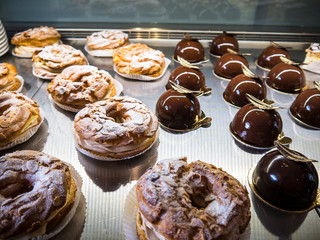 Scrumptious cakes in cafe in the old town square of Prague in the Czech republic