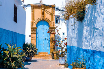 Blue and White Street in the Kasbah of the Udayas in Rabat Morocco