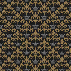 Dark background, seamless pattern with crowns and floral patterns in the vintage style